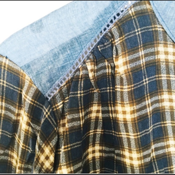 EN CREME (Anthropologie) Mixed Media Denim/Plaid Top/Shirt Jean Blue Size Large - Picture 6 of 8